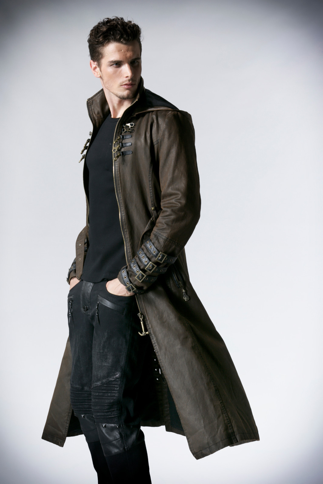 Mens Coat long Jacket Steampunk с капюшоном
