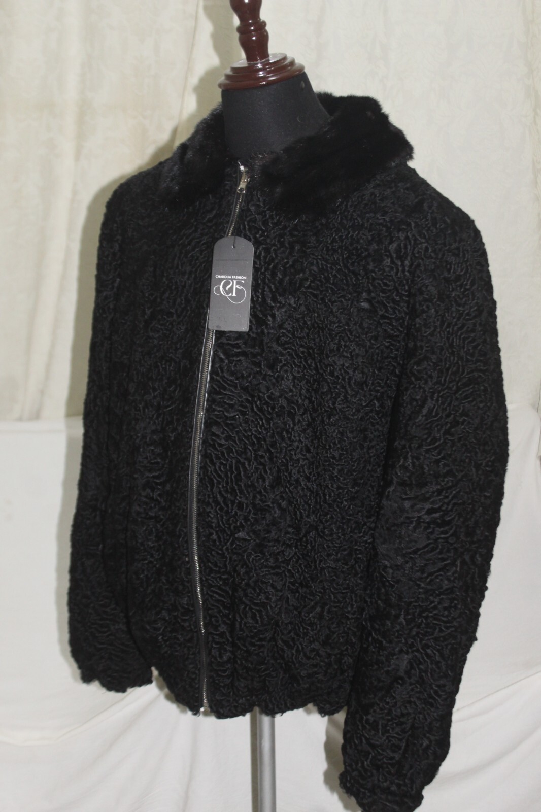 Pre-owned Handmade Black Reversible Real Persian Lamb Fur Coat Real Mink Fur Collar All Sizes