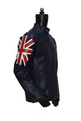HANDMADE UK FLAGGE HERREN MARINEBLAU BIKER VINTAGE STYLE MOTORRAD CAFE RACER LEDERJACKE