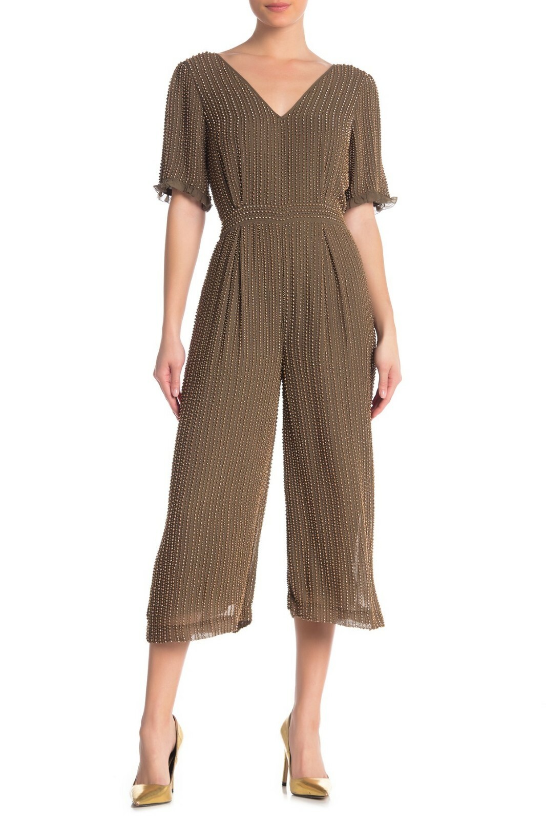 LOVE SAM Olivd Комбинезон в золотистую латунную полоску, украшенный бисером M = 8/10 Mac Duggal