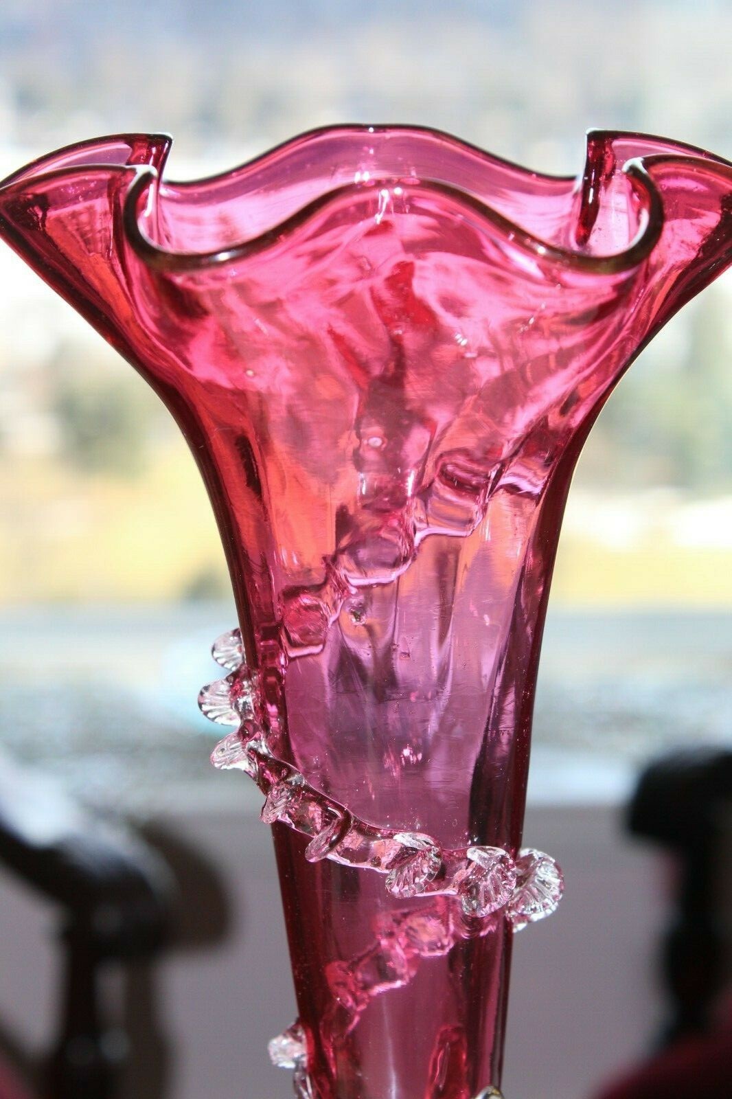 ANTIQUE VICTORIAN CRANBERRY GLASS RUFFLED VASE SILVER LILY VALLEY HOLDER RIGAREE