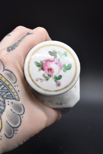 Old Paris French Porcelain Perfume Cologne Bottle White w/Pink Roses Gold