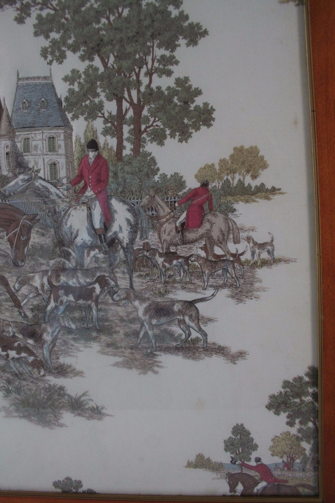 Vintage Trapunto Fabric Picture Wood Frame The Fox Hunt 3D  Quilted