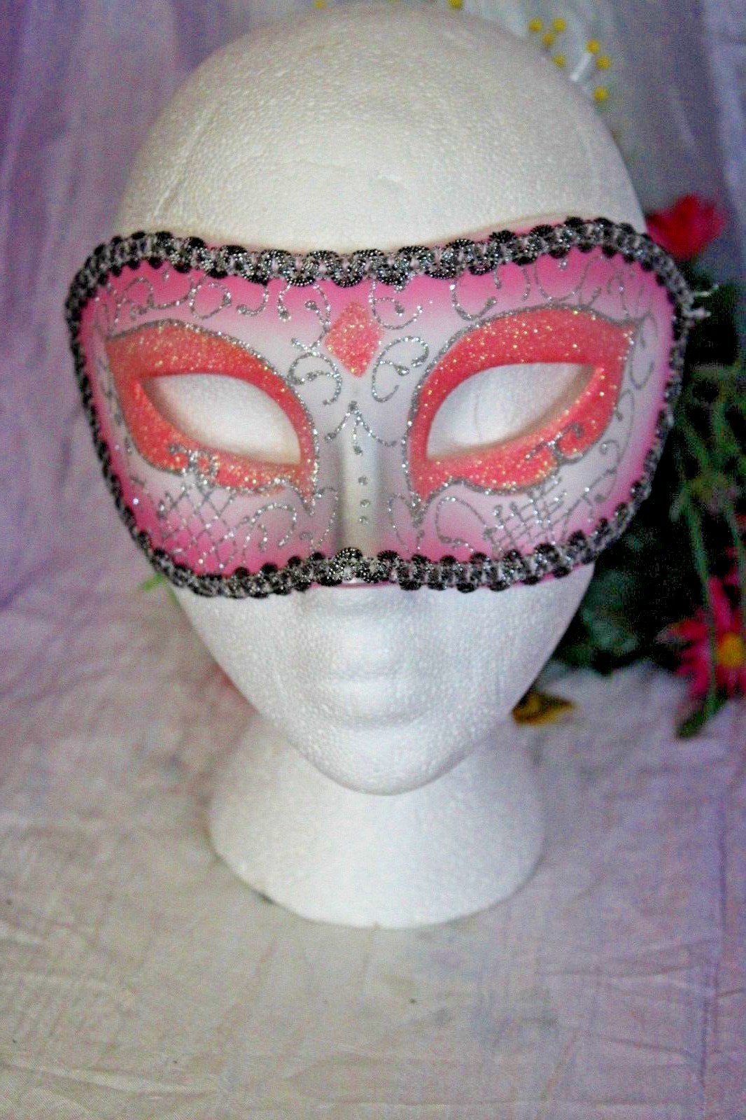 Pink Black Silver Venetian Mask Masquerade Glitter Mardi Gras Wedding Prom~P0