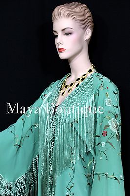 Pre-owned Maya Matazaro Embroidered Silk Fringe Jacket Kimono Tiffany Green Hand Dyed  Usa