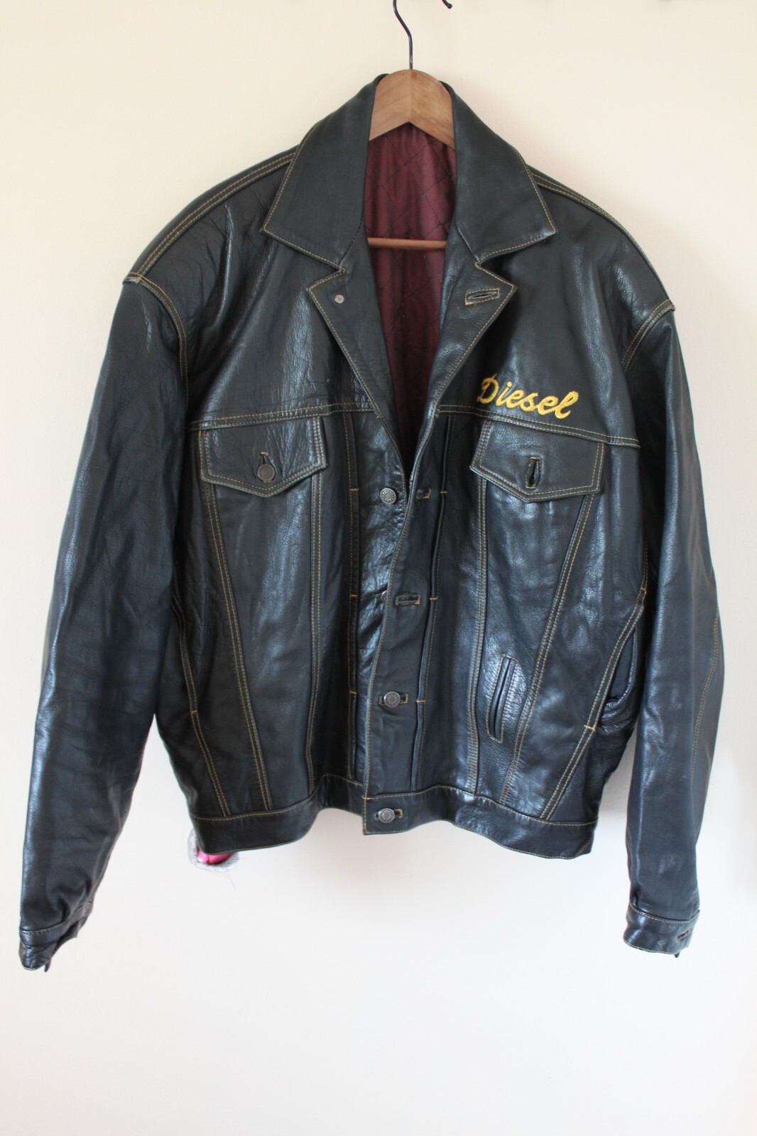 DIESEL VINTAGE, BLACK LEATHER TRUCKER BIKER DENIM JACKET DIESEL VINTAGE, BLACK LEATHER TRUCKER BIKER DENIM JACKET