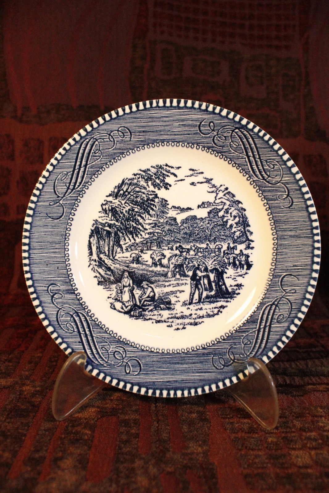 8 Pieces! Setting for 2 - Currier & Ives Blue & White Plates Dinner Lunch Bread