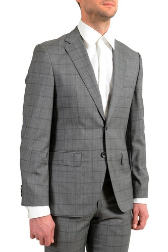 Pre-owned Hugo Boss Men's "johnstons5/lenon1" Regular Fit 100% Wool Plaid Two Button Suit In Gray