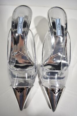 Pre-owned Prada Modellerie Clear Pvc Silver Backless Pointed Sandal Mule Heel Pump 38.5