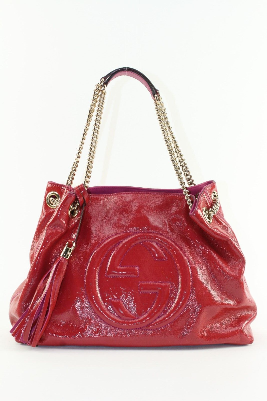 Gucci Patent Pink Soho Fringe Tassel Chain Tote 2way Fuchsia