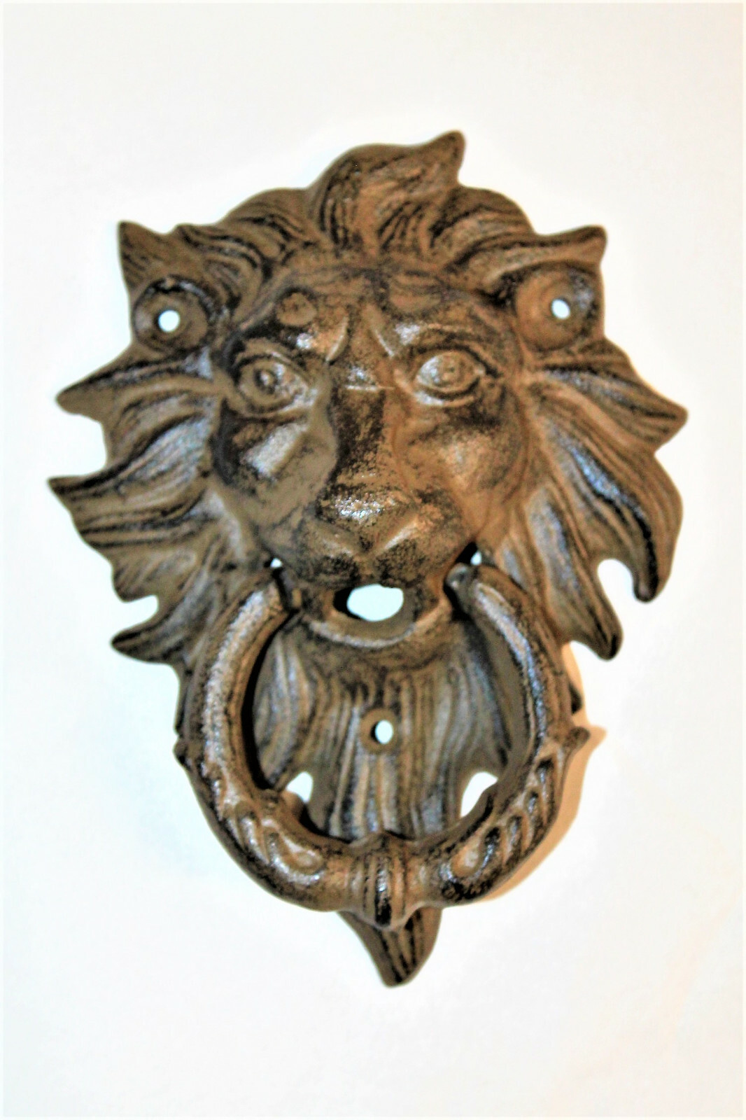 Cast Iron Rustic Lion Door Knocker Vintage Antique Style lions head front Brown