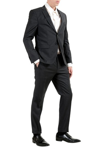 Pre-owned Hugo Boss "reymond/wenten" Men's 100% Wool Plaid Dark Gray Two Button Suit