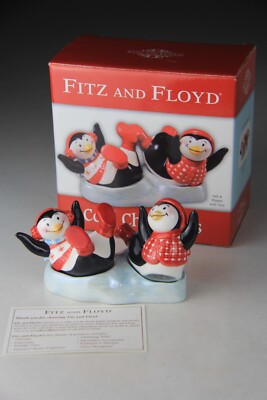 2005 Fitz and Floyd Penguins ''Cool Christmas'' Salt & Pepper Shakers w/ Tray