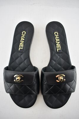 Pre-owned Chanel Rev Black Turnlock Quilted Gold Cc Logo Mules Slide Sandal Flop Flat 36.5