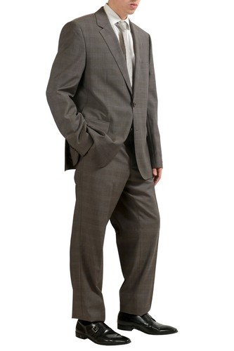 Pre-owned Hugo Boss "the James4/sharp6" Men's 100% Wool Two Button Plaid Suit Us 46r It 56 In Brown