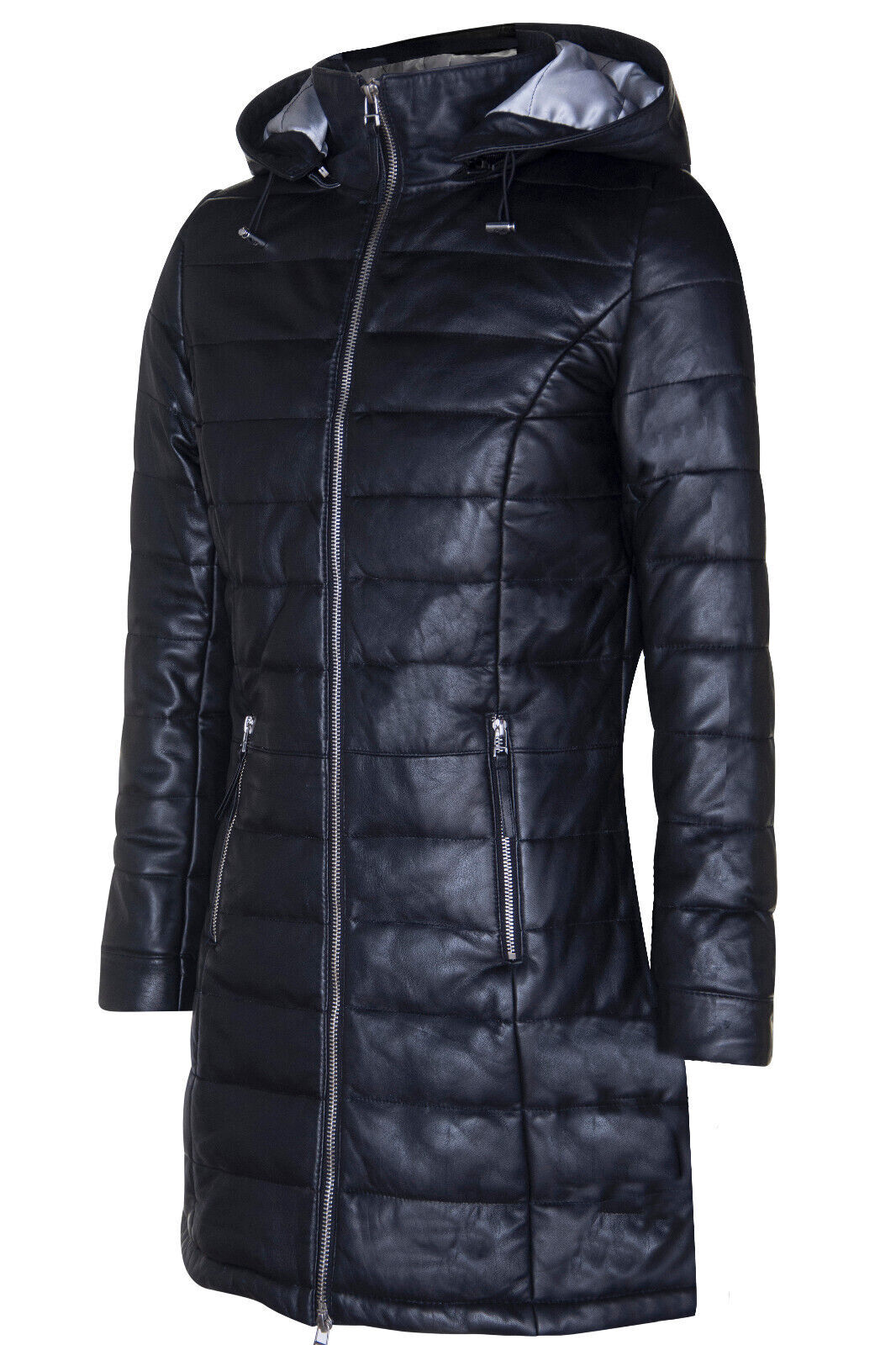 Pre-owned Infinity Women's Black Leather Puffer Jacket Quilted Overcoat Hooded Trench Parka Coat