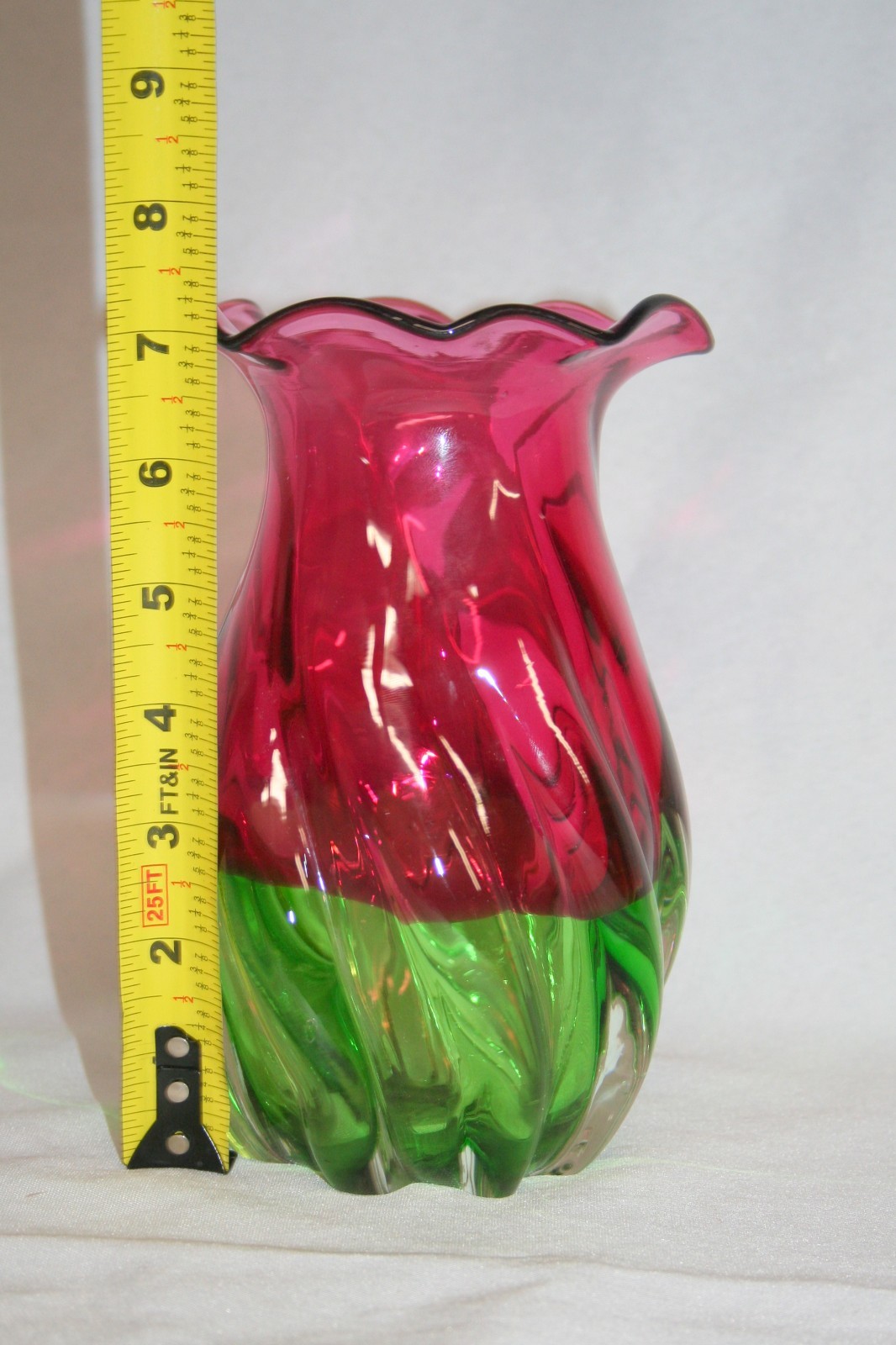 Vintage Hand Blown Teleflora Gift Cranberry Pink And Green Swirl Glass Vase 7.5