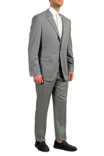 Pre-owned Hugo Boss Men's "t-harvers4/glover3" Slim Fit Plaid Silk Wool Two Button Suit In Gray/gold