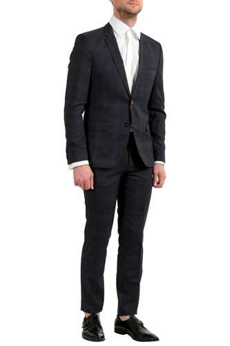 Pre-owned Hugo Boss Men's "arti/hesten182" Extra Slim Plaid 100% Wool Two Button Suit In Blue/red