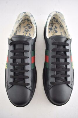 Pre-owned Gucci Mens Black Ace Guccy Leather Gold Flat Low Top Lace Sneaker 11 12