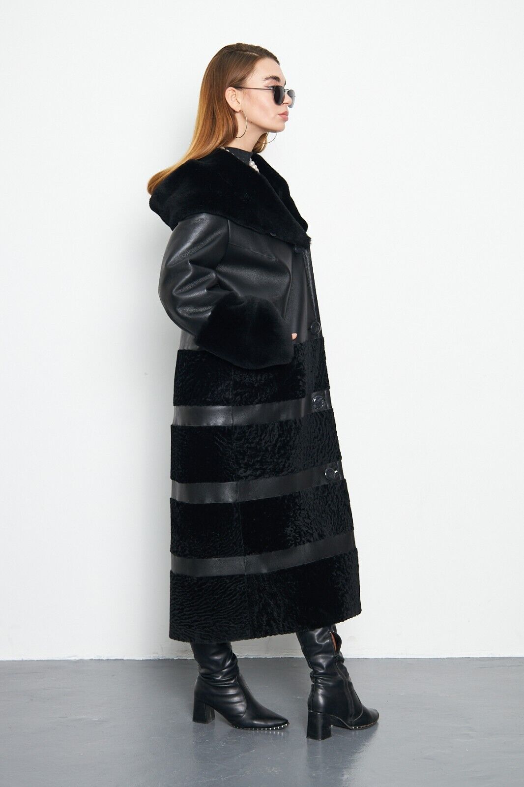 Pre-owned Handmade Astrakhan Fur Genuine Leather Coat Bdchsn01 In Black