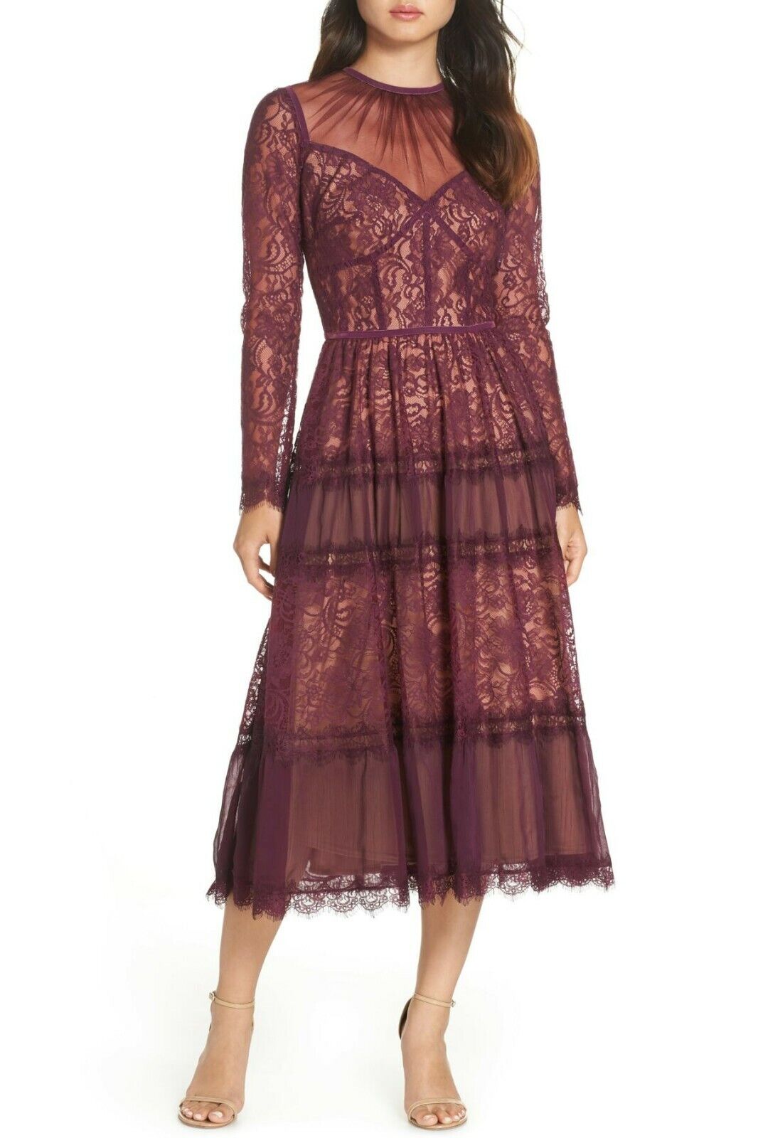 

НОВОЕ TADASHI SHOJI Dewberry Розовый Фиолетовый Телесный Кружевной Корсет Со Швами Платье Миди  США, Красный