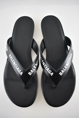 Pre-owned Balenciaga Black White Leather Logo Thong Slide Slip On Sandal Flip Flop Flat 37
