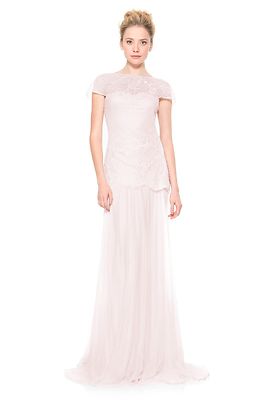 Pre-owned Tadashi Shoji Embroidered Tulle Silk Chiffon Pale Pink Dress Gown