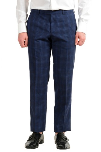 Pre-owned Hugo Boss Men's Jeckson/lenon1 Regular Fit 100% Wool Blue Plaid Two Button Suit