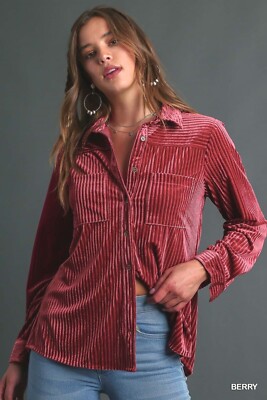 Umgee Velvet Button-Up Textured Long Sleeve Top in Berry