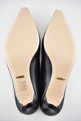Pre-owned Gucci Zumi Black Leather Silver Gold Gg Kitten Heel Mule Slide Loafer Pump 37