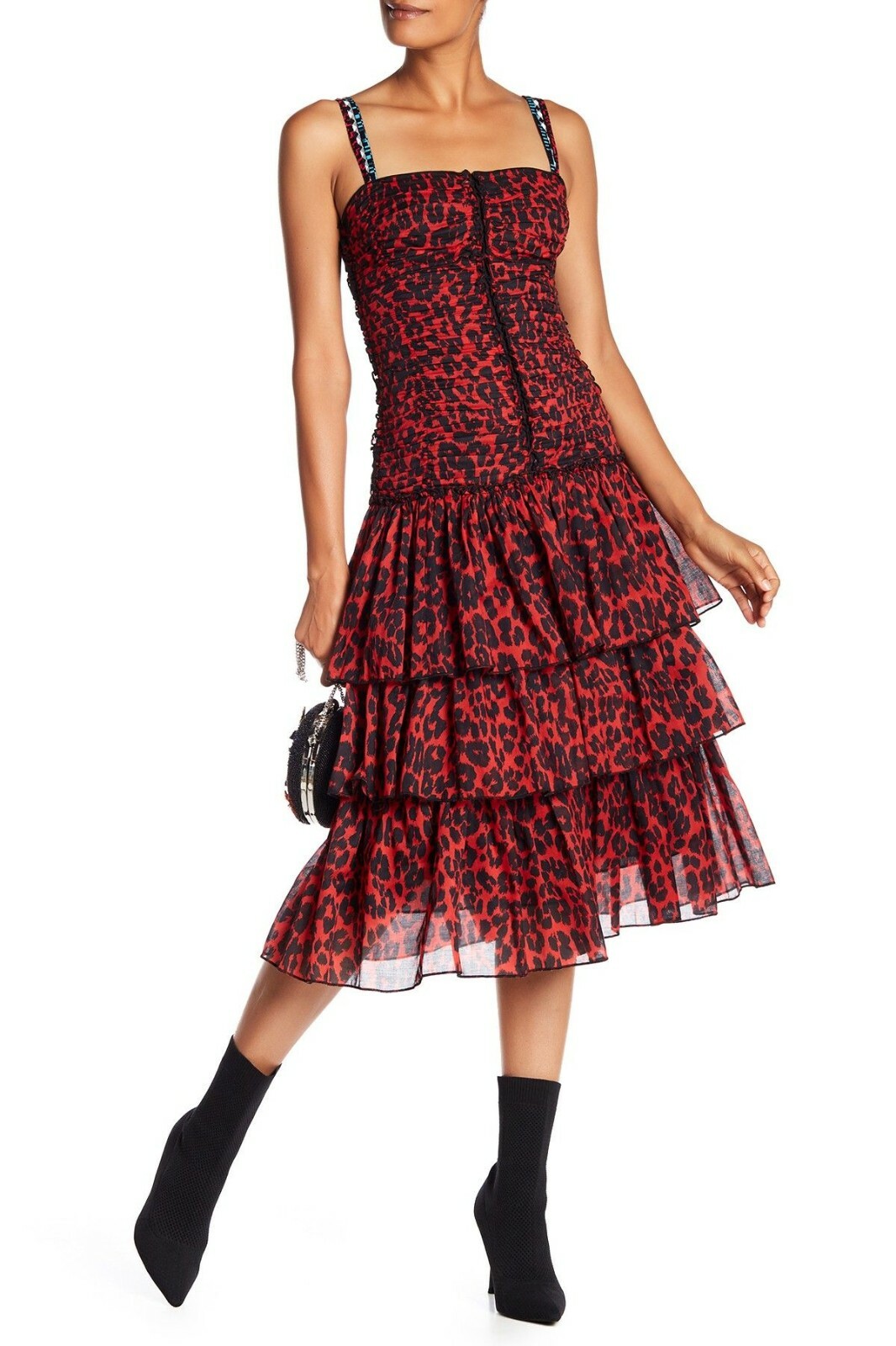 Pre-owned Marc Jacobs Red Black Leopard Print Tiered Skirt Cotton Midi Dress 4us Small