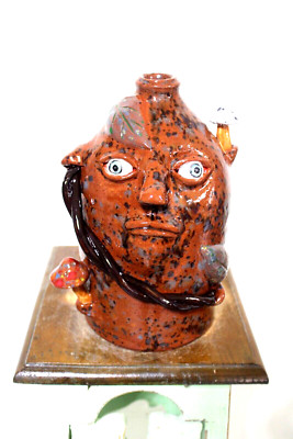 ( mushroom man ) KAITLYN SINGLETON FACE JUG, POTTERY FOLK ART 10''X8''