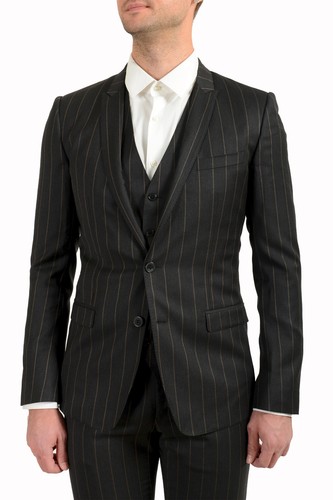Pre-owned Dolce & Gabbana Men's "gold" 100% Wool Striped Two Button Three Piece Suit In Gray/beige