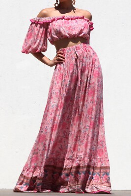 Boho Gypsy Pink Ruffle Off Shoulder Crop Top Flared Maxi Skirt Outfit 2 Pc Set L