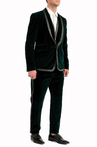 Pre-owned Dolce & Gabbana Men's Emerald Green Velour One Button Three Piece Suit