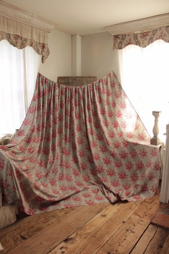 Antique French bed curtain panel 1850 floral pink GRAY grey cotton passementerie