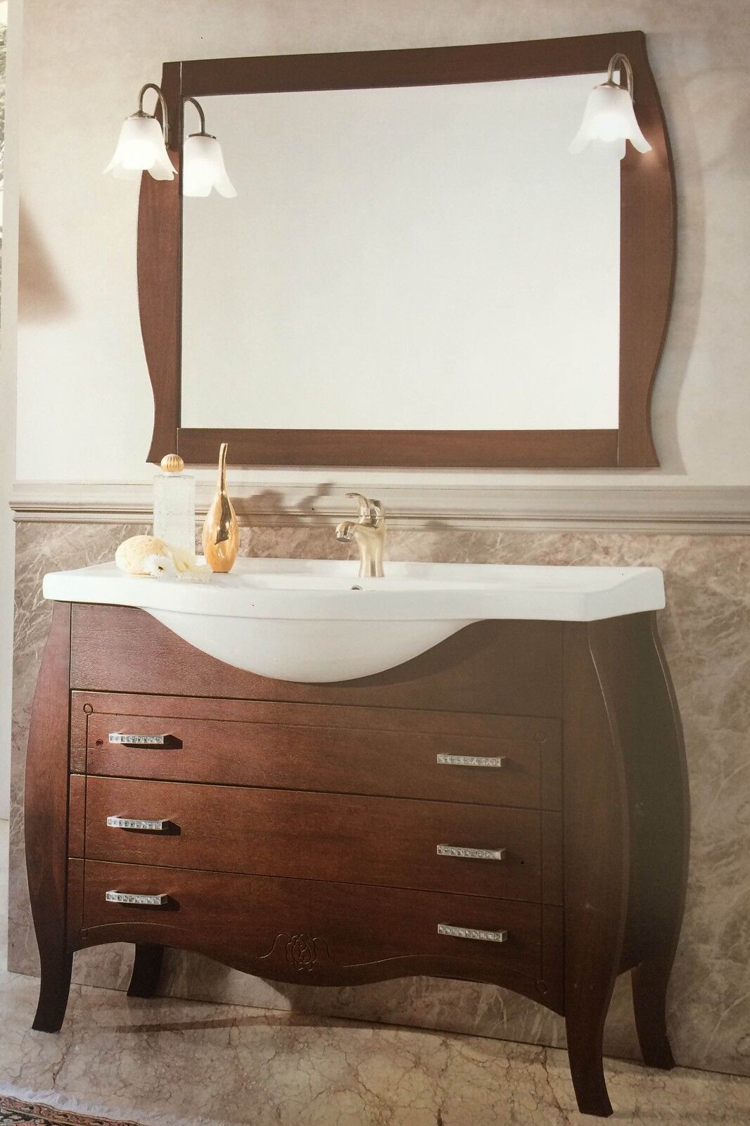 MOBILE BAGNO CON LAVABO E SPECCHIO LEGNO CON INTAGLIO