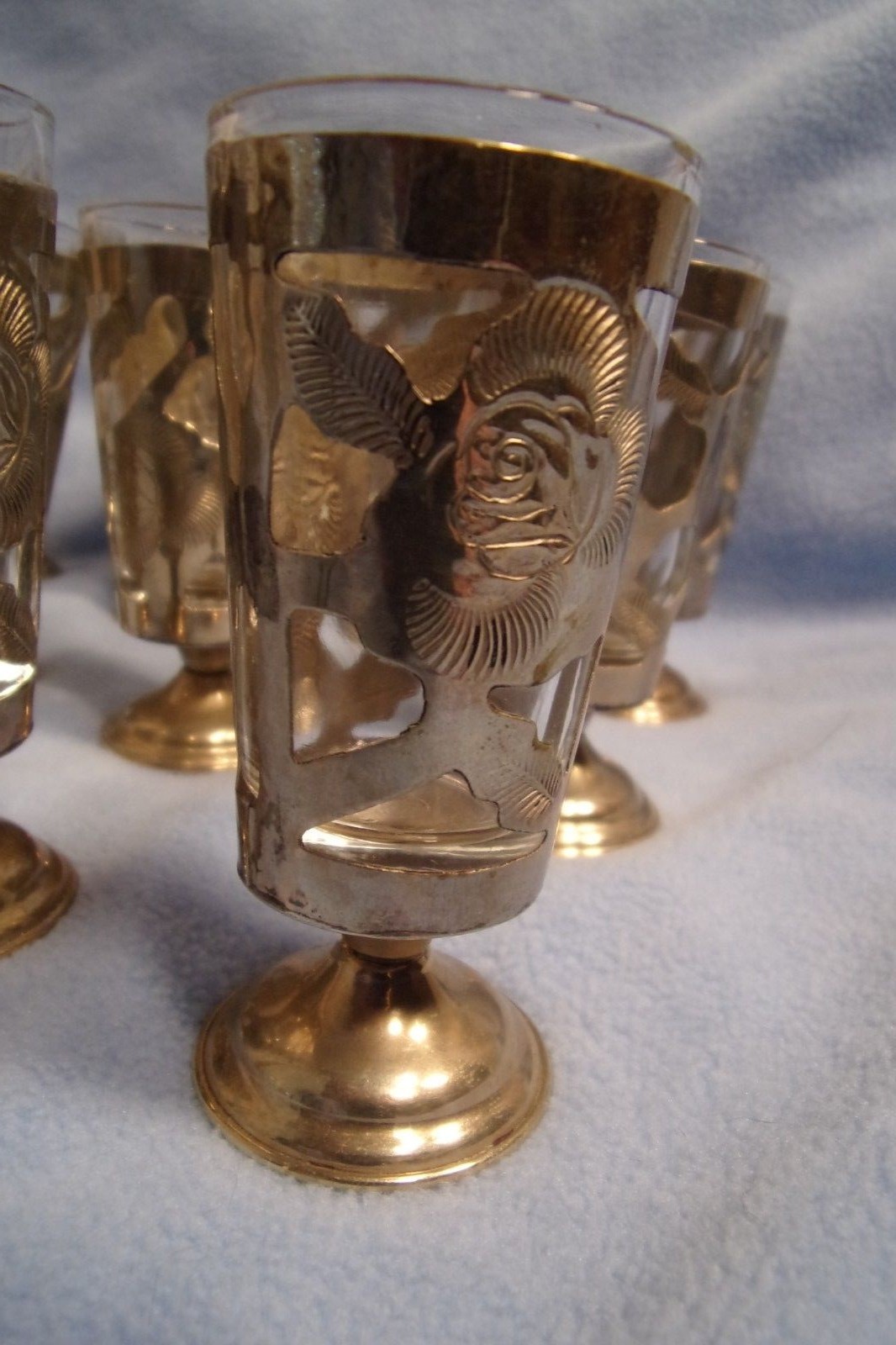 Vtg Unique Set of 12 Etched Silver Stemmed Shot Glass Sterling Floral Mexico 925