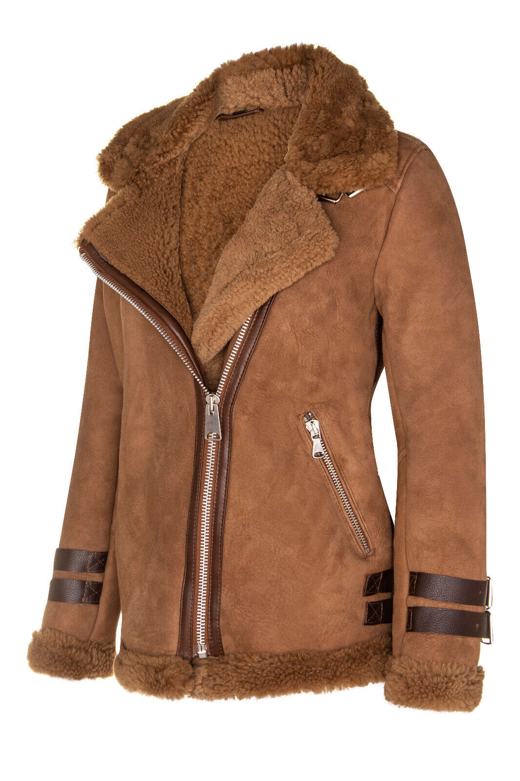 Pre-owned Infinity Leather Women's Short Brown Sheepskin Biker Jacket Merino Shearling Aviator Leather
