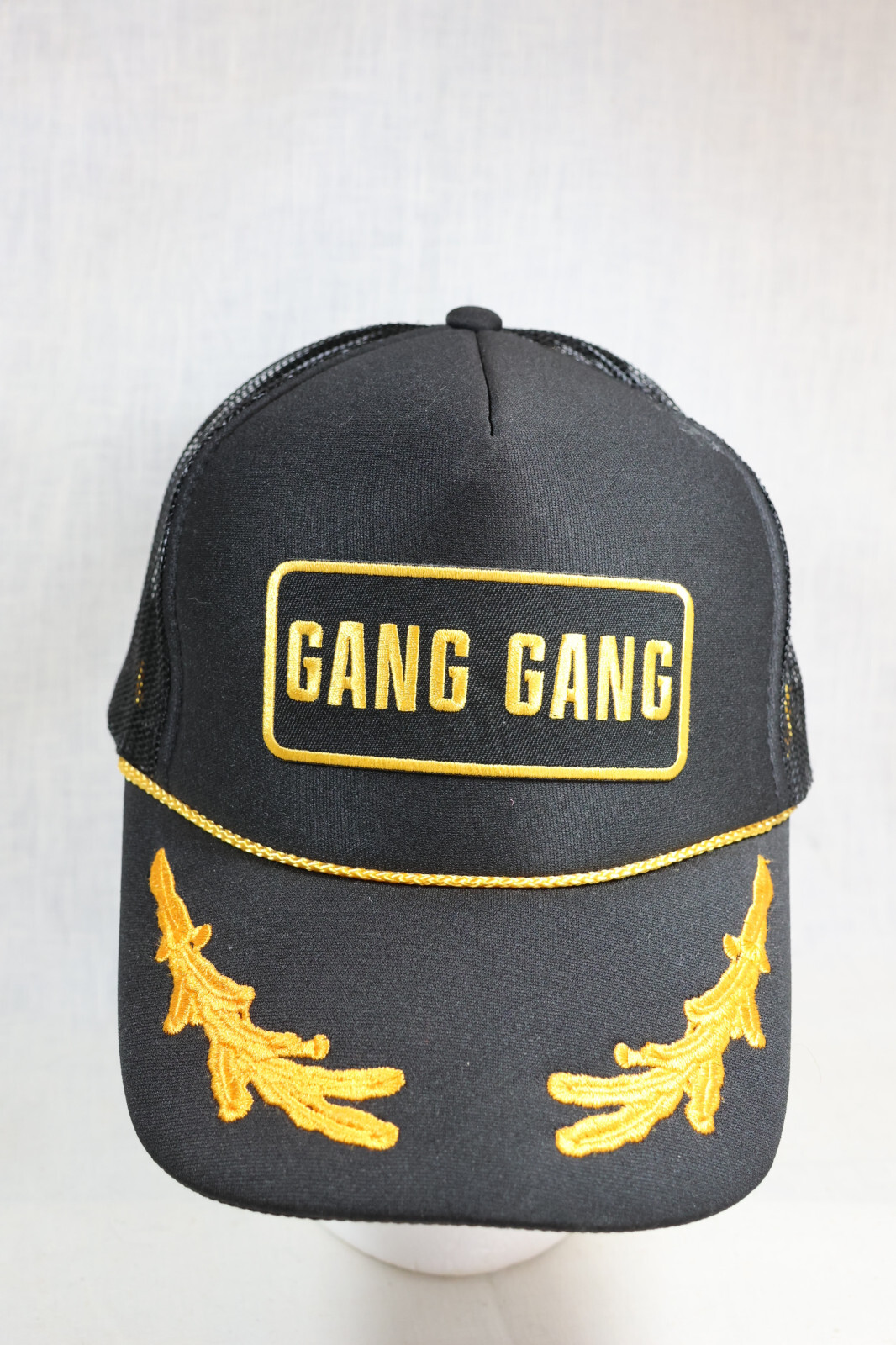 Gang Gang hat cap black gold trim Adj. snap back cool mesh