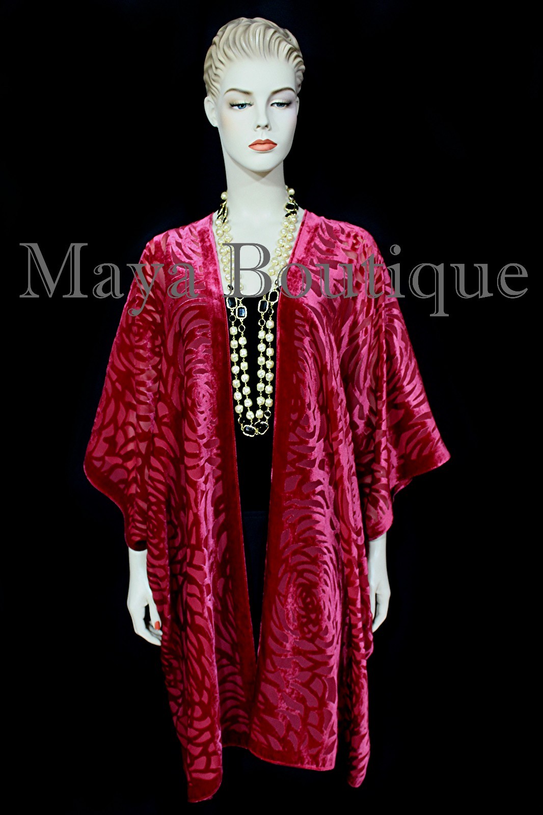 Pre-owned Maya Matazaro True Red Camellia Burnout Velvet Caftan Kimono Jacket Usa Made