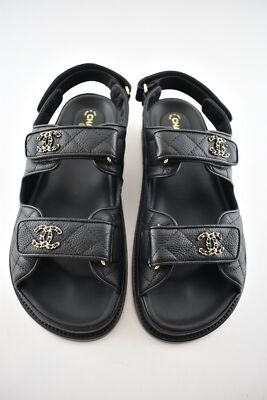 Pre-owned Chanel Rev Black Caviar Gold Cc Logo Mule Slide Strap Flat Teva Dad Sandal 39.5