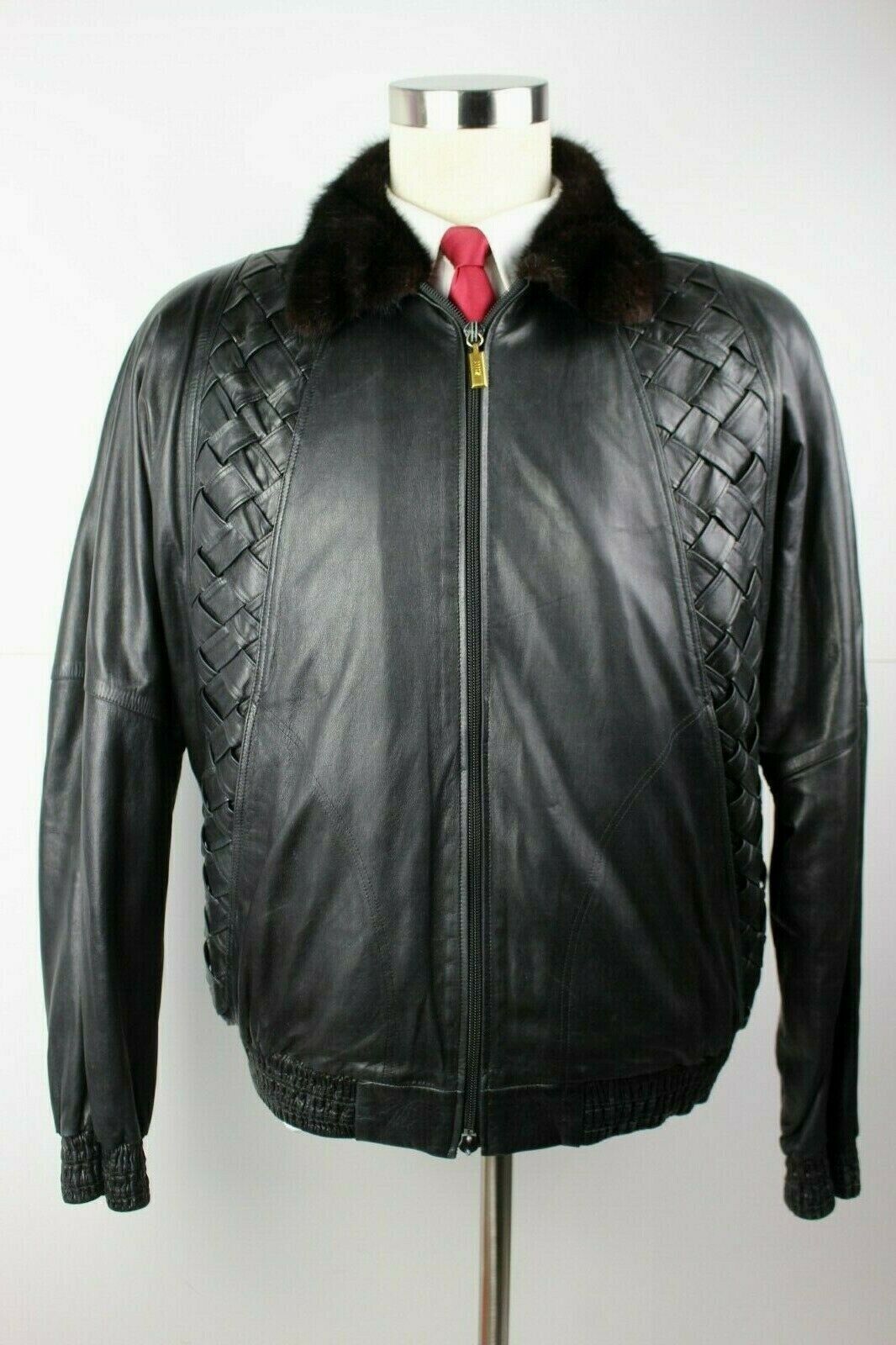 Vintage Mens Zilli Leather & Fur Woven Bomber Jacket France Vintage Mens Zilli Leather & Fur Woven Bomber Jacket France