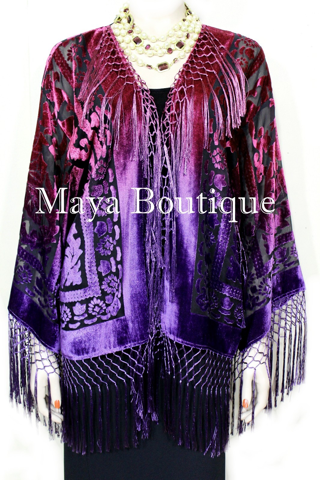 Pre-owned Maya Matazaro Art To Wear Burnout Velvet Kimono Jacket Hand Dyed Violet Magenta  In Violet Magenta Ombre