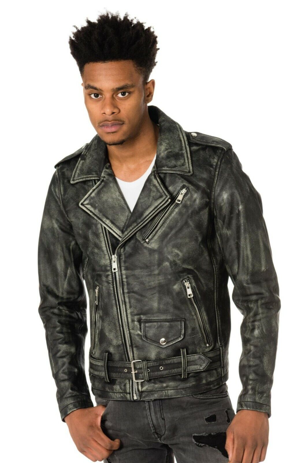 Men's Motorcycle Biker Vintage Distressed Black Faded Real Men's Motorcycle Biker Vintage Distressed Black Faded Real