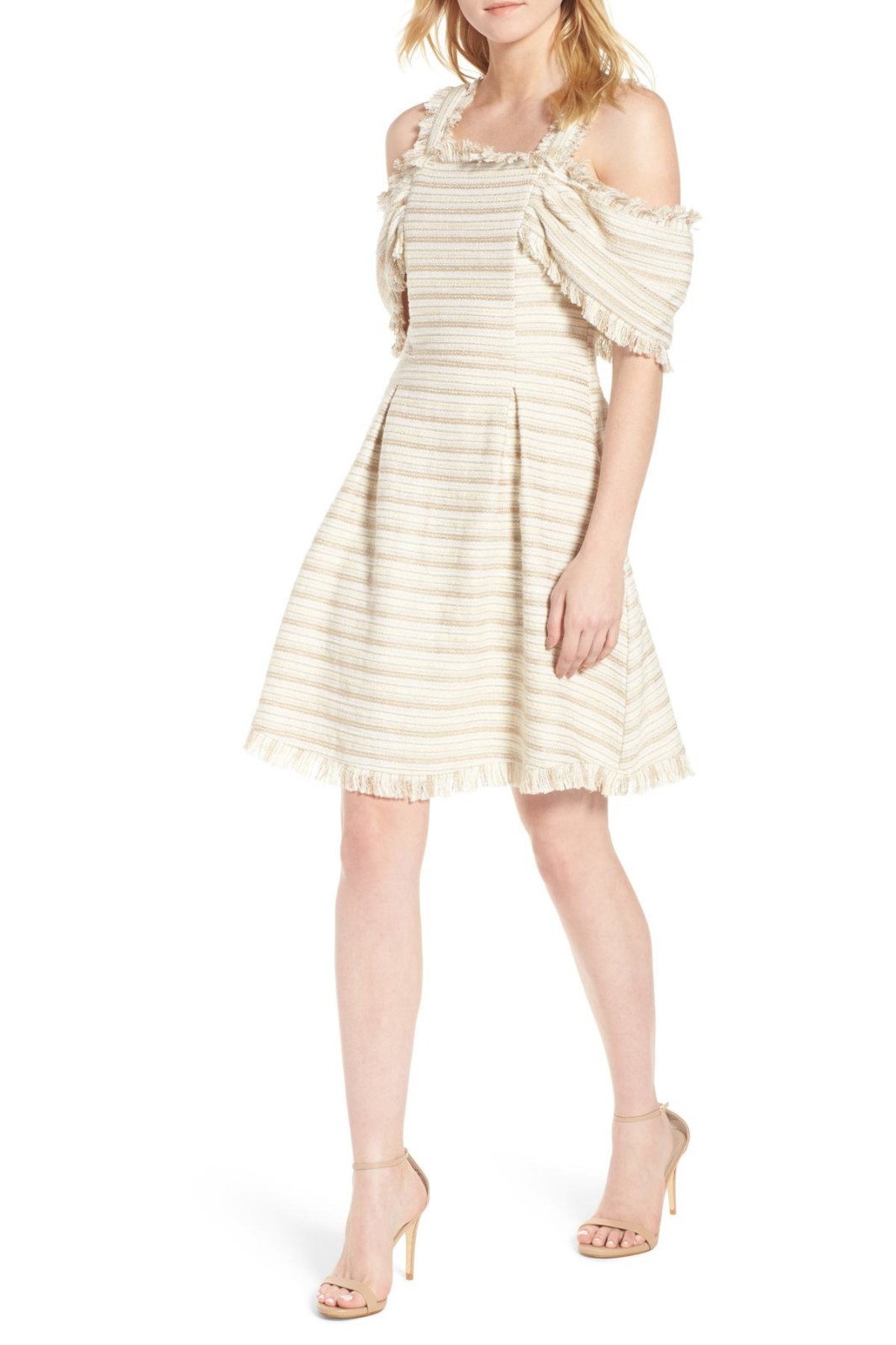 

ELLIATT Maize Ivory Gold Metallic Твидовое платье с открытыми плечами  = 10 Revolve, Multicolor