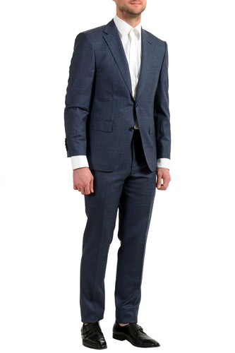Pre-owned Hugo Boss Men's "t-jarrod/lone" Regular Fit 100% Wool Plaid Two Button Suit In Blue