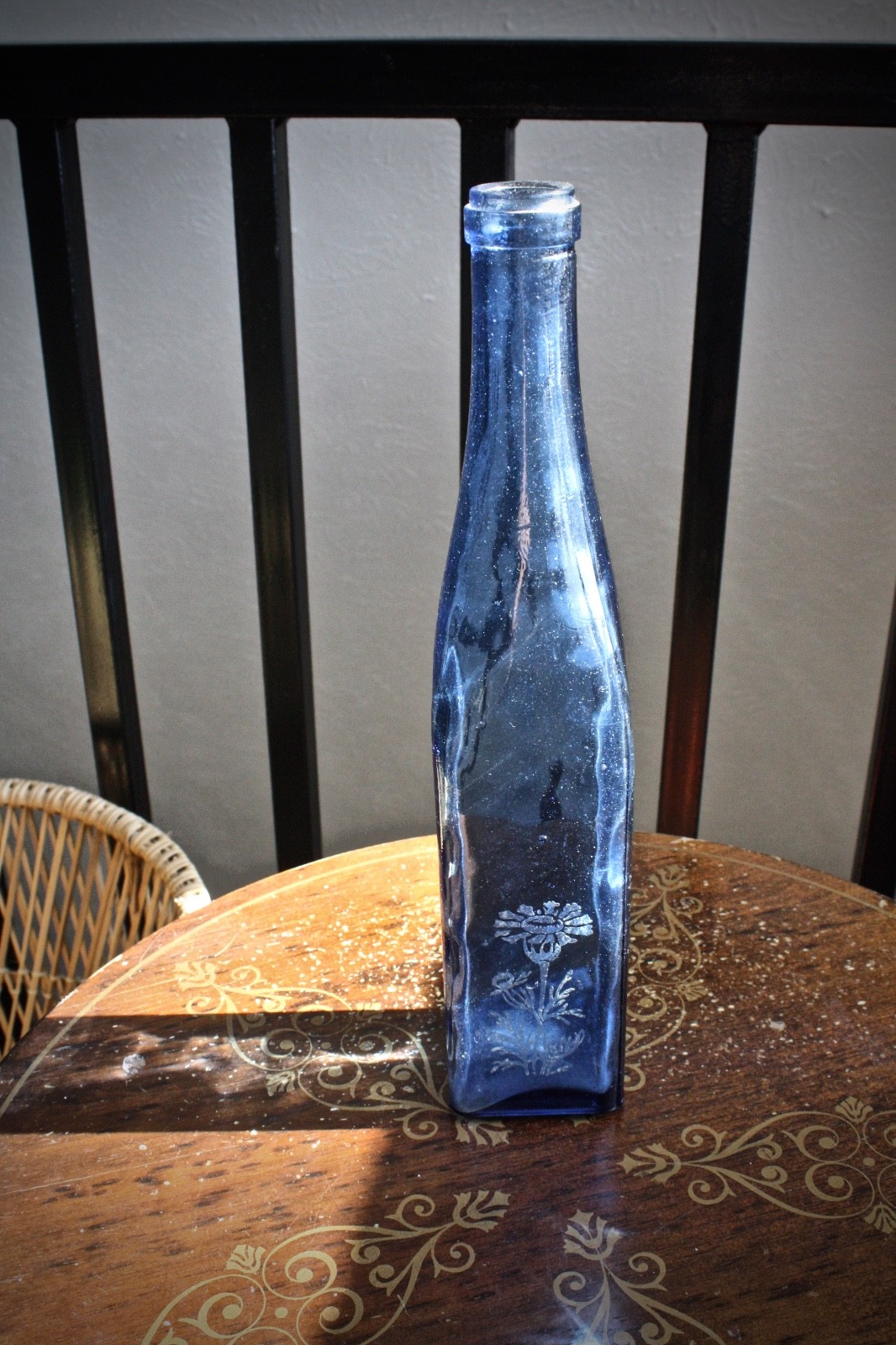 Vintage Rare Blue Glass Bottle PEAR Embossed 11