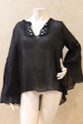Max Studio London Cotton Eyelet Bell-Sleeve Blouse Top Sheer Black  __NWT R13F4